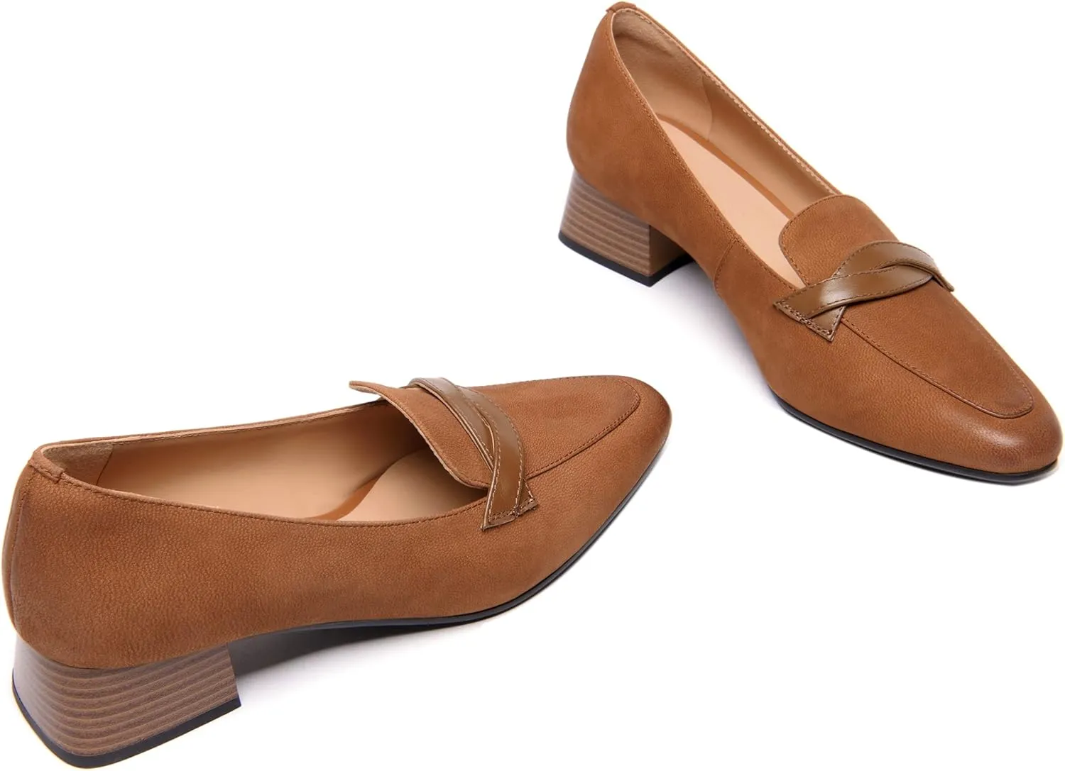 FEMSTEP Women's Loafer Square Toe Slip On Casual Office Matte Leather Chunky Low Heel Formal Shoes 1.5 Inch