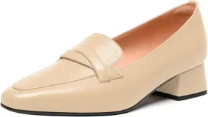 FEMSTEP Women's Loafer Square Toe Slip On Casual Office Matte Leather Chunky Low Heel Formal Shoes 1.5 Inch