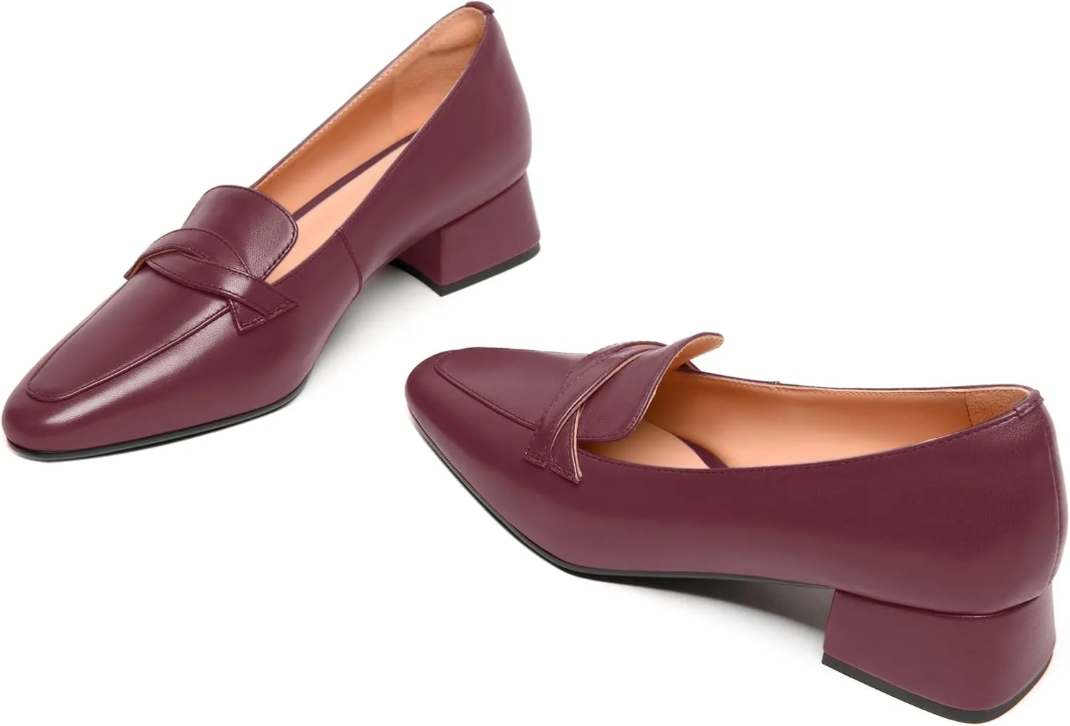 FEMSTEP Women's Loafer Square Toe Slip On Casual Office Matte Leather Chunky Low Heel Formal Shoes 1.5 Inch