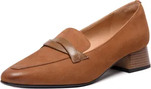 FEMSTEP Women's Loafer Square Toe Slip On Casual Office Matte Leather Chunky Low Heel Formal Shoes 1.5 Inch