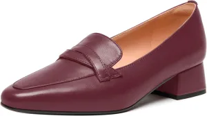 FEMSTEP Women's Loafer Square Toe Slip On Casual Office Matte Leather Chunky Low Heel Formal Shoes 1.5 Inch