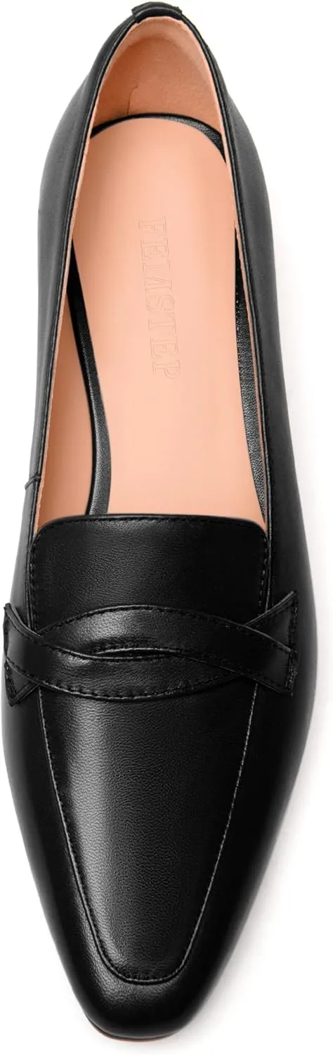 FEMSTEP Women's Loafer Square Toe Slip On Casual Office Matte Leather Chunky Low Heel Formal Shoes 1.5 Inch