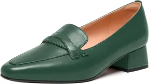 FEMSTEP Women's Loafer Square Toe Slip On Casual Office Matte Leather Chunky Low Heel Formal Shoes 1.5 Inch