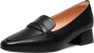 FEMSTEP Women's Loafer Square Toe Slip On Casual Office Matte Leather Chunky Low Heel Formal Shoes 1.5 Inch