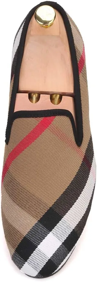 FERUCCI Plaid Khaki Fabric Slippers Loafers Flats Men Prom Wedding Casual Shoes