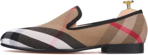 FERUCCI Plaid Khaki Fabric Slippers Loafers Flats Men Prom Wedding Casual Shoes