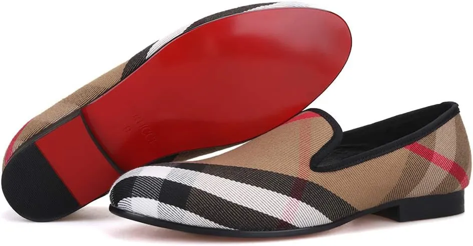 FERUCCI Plaid Khaki Fabric Slippers Loafers Flats Men Prom Wedding Casual Shoes