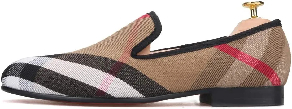 FERUCCI Plaid Khaki Fabric Slippers Loafers Flats Men Prom Wedding Casual Shoes
