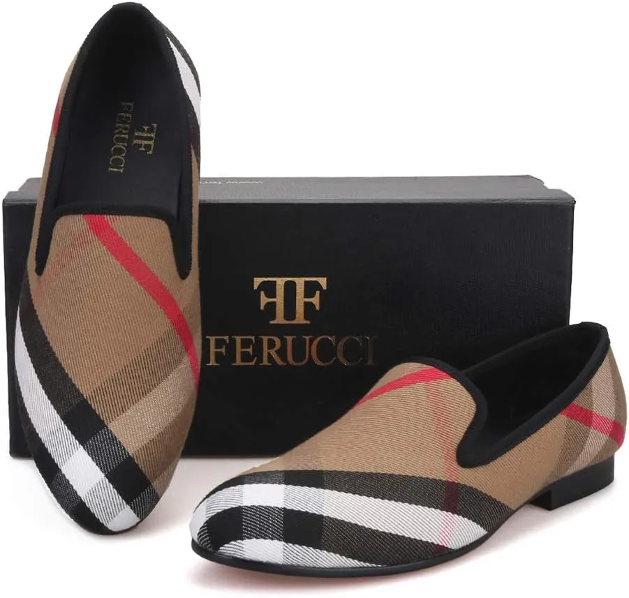 FERUCCI Plaid Khaki Fabric Slippers Loafers Flats Men Prom Wedding Casual Shoes