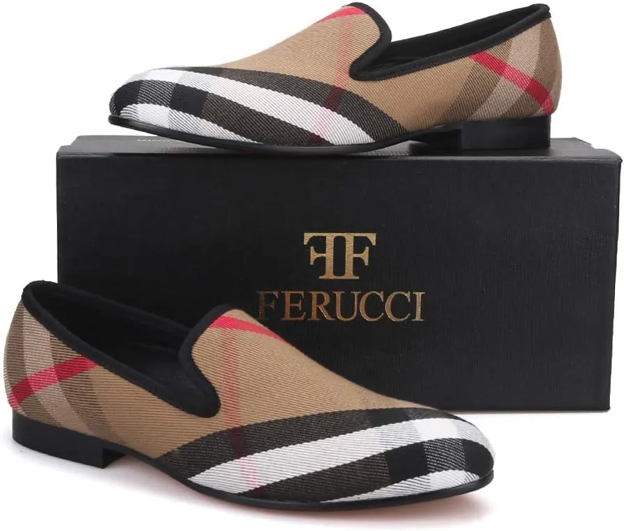 FERUCCI Plaid Khaki Fabric Slippers Loafers Flats Men Prom Wedding Casual Shoes