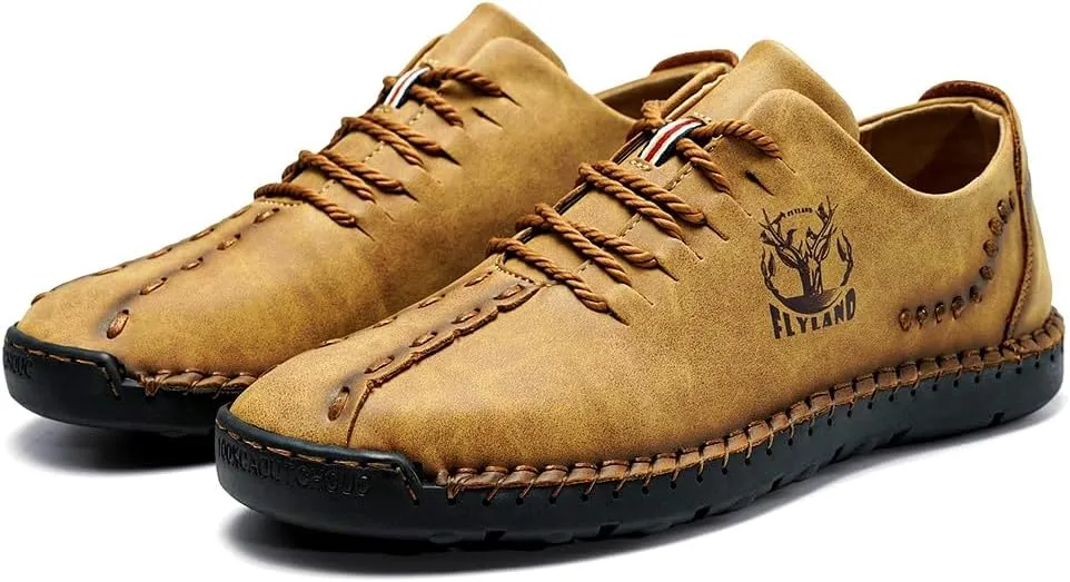 FLYLAND Men's Causal Loafers Leather Handmade Driving Oxford Flats Comfortable Walking Shoes Chukka Boots Business Work Office Shoes