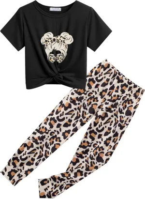 Flypigs Girls Clothing Sets Tie Dye 2 Piece Outfits Short Sleeve Twist Front Tops and Sweatpants Sportswear Tracksuits