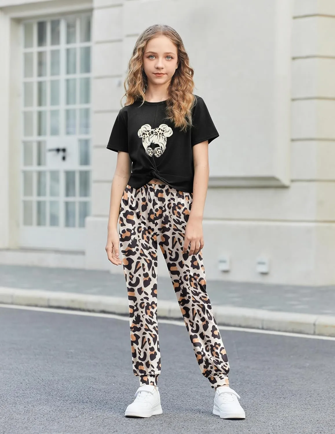 Flypigs Girls Clothing Sets Tie Dye 2 Piece Outfits Short Sleeve Twist Front Tops and Sweatpants Sportswear Tracksuits
