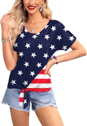 For G and PL Women's 4th of July American Flag V Neck Tie Front Shirt Short Sleeve Patriotic Star Stripes Top