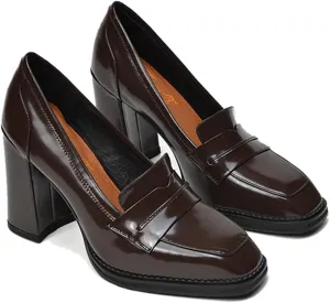 FOWT Dressy High Block Heels Loafers for Women Classical Square Toe Pumps Comfortable Slip On Walking Shoes School Uniform Goth Oxfords US Size 4-16 M