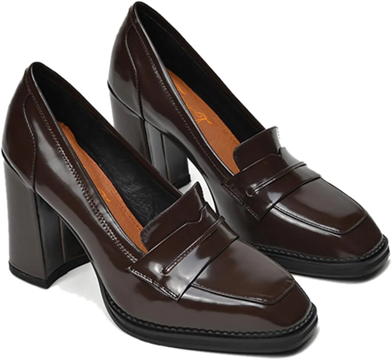 FOWT Dressy High Block Heels Loafers for Women Classical Square Toe Pumps Comfortable Slip On Walking Shoes School Uniform Goth Oxfords US Size 4-16 M