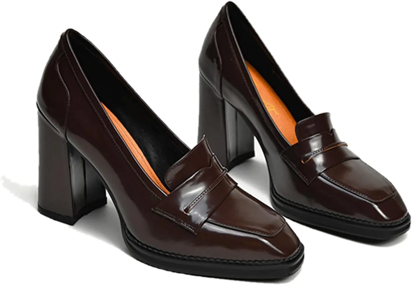 FOWT Dressy High Block Heels Loafers for Women Classical Square Toe Pumps Comfortable Slip On Walking Shoes School Uniform Goth Oxfords US Size 4-16 M