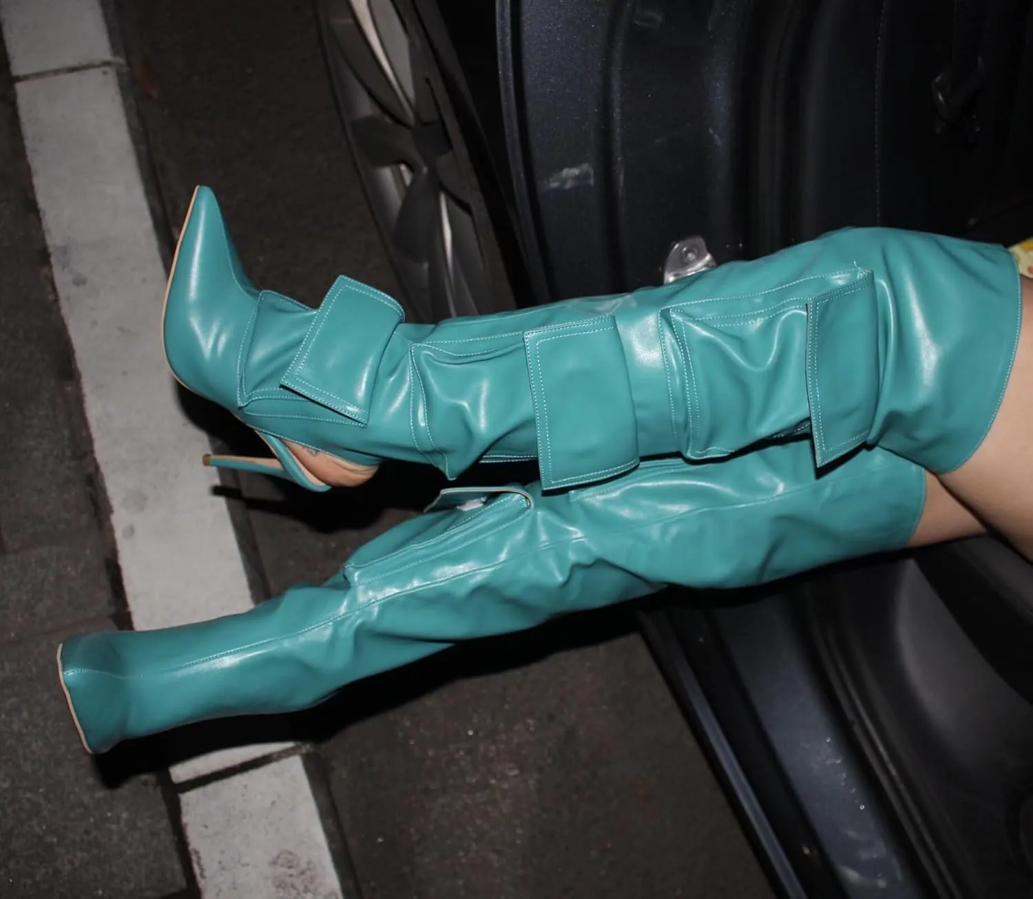 Frankie Hsu Sexy Green Pocket Bags Stiletto Over The Knee Summer Pant Boots, Desinger Style Heel Thigh High Boot, Large Size Teal Color Cargo Sexy Shoes For Women