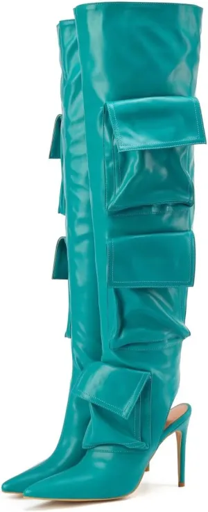 Frankie Hsu Sexy Green Pocket Bags Stiletto Over The Knee Summer Pant Boots, Desinger Style Heel Thigh High Boot, Large Size Teal Color Cargo Sexy Shoes For Women