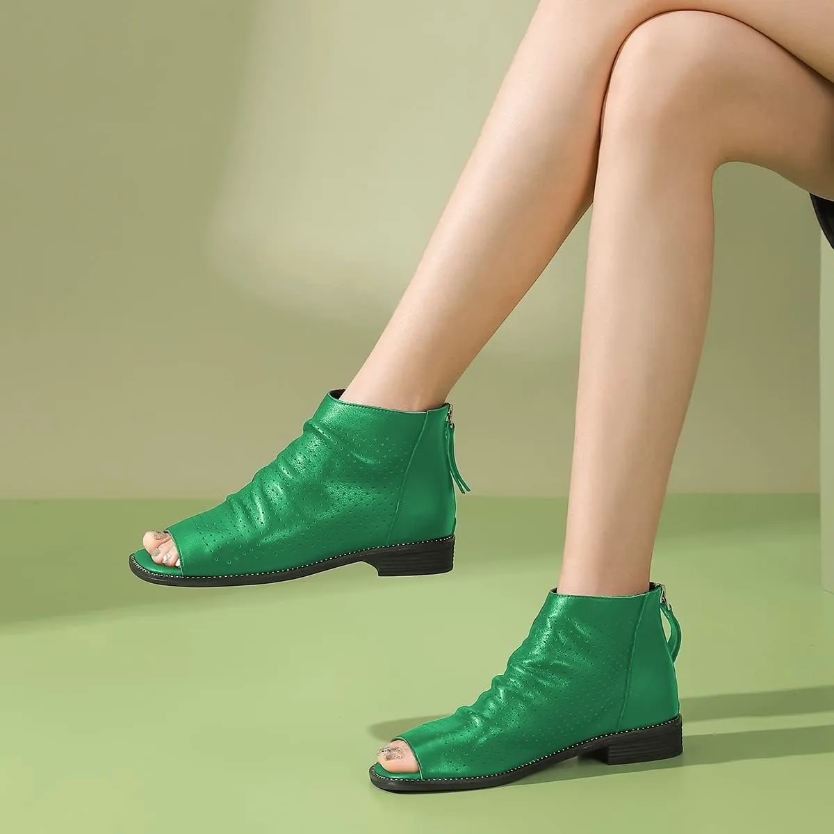 FSJ Women Peep Open Toe Boots Slouchy Low Block Heel Ankle Booties Flats Sandal Ruched Cutout Zipper Comfort Pump Shoes Size 4-15 US
