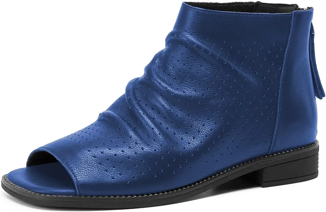 FSJ Women Peep Open Toe Boots Slouchy Low Block Heel Ankle Booties Flats Sandal Ruched Cutout Zipper Comfort Pump Shoes Size 4-15 US