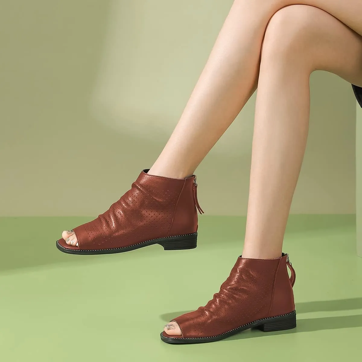 FSJ Women Peep Open Toe Boots Slouchy Low Block Heel Ankle Booties Flats Sandal Ruched Cutout Zipper Comfort Pump Shoes Size 4-15 US