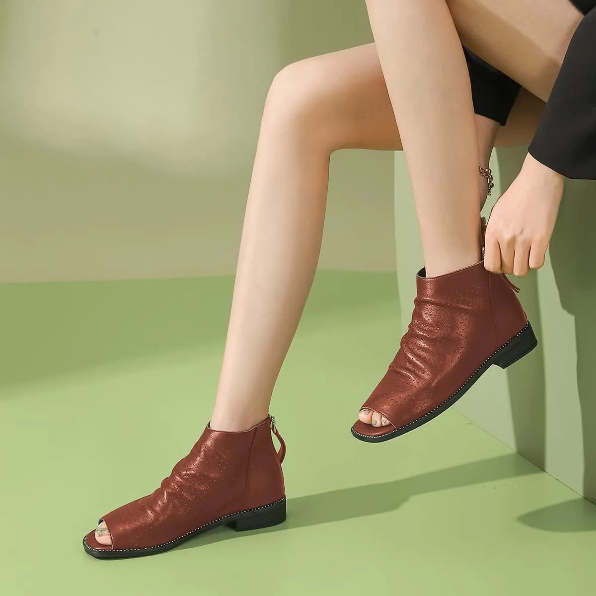 FSJ Women Peep Open Toe Boots Slouchy Low Block Heel Ankle Booties Flats Sandal Ruched Cutout Zipper Comfort Pump Shoes Size 4-15 US