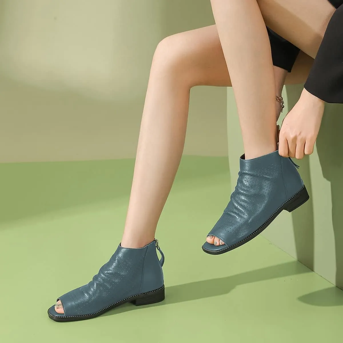 FSJ Women Peep Open Toe Boots Slouchy Low Block Heel Ankle Booties Flats Sandal Ruched Cutout Zipper Comfort Pump Shoes Size 4-15 US