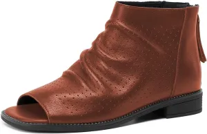 FSJ Women Peep Open Toe Boots Slouchy Low Block Heel Ankle Booties Flats Sandal Ruched Cutout Zipper Comfort Pump Shoes Size 4-15 US