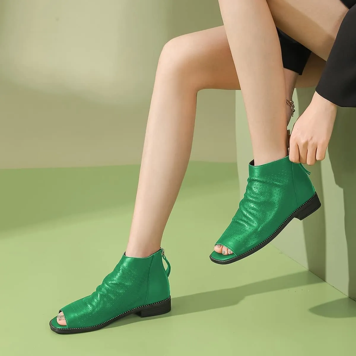 FSJ Women Peep Open Toe Boots Slouchy Low Block Heel Ankle Booties Flats Sandal Ruched Cutout Zipper Comfort Pump Shoes Size 4-15 US