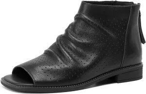 FSJ Women Peep Open Toe Boots Slouchy Low Block Heel Ankle Booties Flats Sandal Ruched Cutout Zipper Comfort Pump Shoes Size 4-15 US