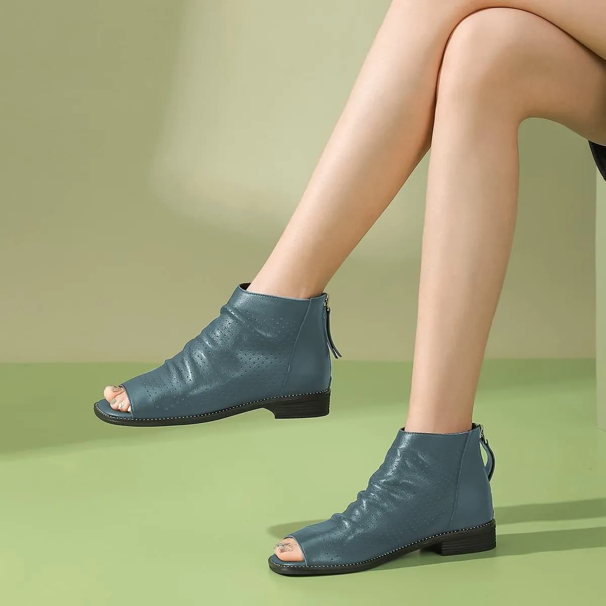 FSJ Women Peep Open Toe Boots Slouchy Low Block Heel Ankle Booties Flats Sandal Ruched Cutout Zipper Comfort Pump Shoes Size 4-15 US