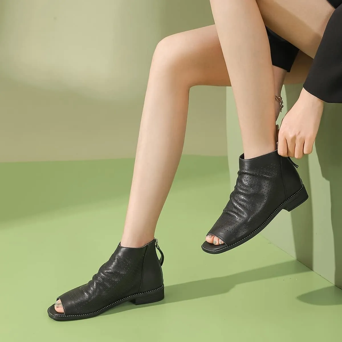 FSJ Women Peep Open Toe Boots Slouchy Low Block Heel Ankle Booties Flats Sandal Ruched Cutout Zipper Comfort Pump Shoes Size 4-15 US