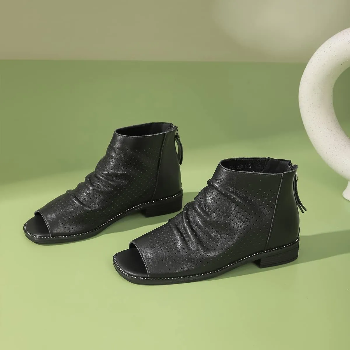 FSJ Women Peep Open Toe Boots Slouchy Low Block Heel Ankle Booties Flats Sandal Ruched Cutout Zipper Comfort Pump Shoes Size 4-15 US