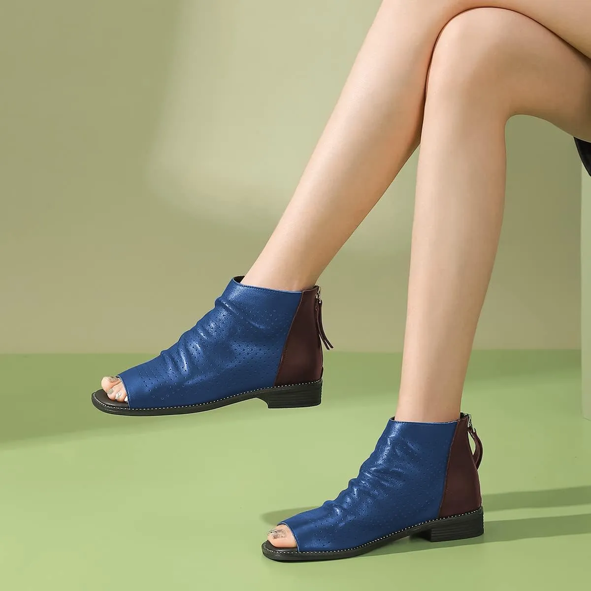 FSJ Women Peep Open Toe Boots Slouchy Low Block Heel Ankle Booties Flats Sandal Ruched Cutout Zipper Comfort Pump Shoes Size 4-15 US