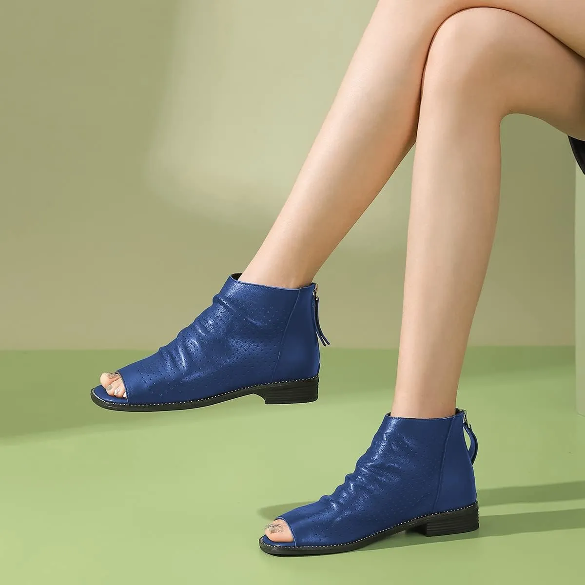 FSJ Women Peep Open Toe Boots Slouchy Low Block Heel Ankle Booties Flats Sandal Ruched Cutout Zipper Comfort Pump Shoes Size 4-15 US