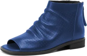 FSJ Women Peep Open Toe Boots Slouchy Low Block Heel Ankle Booties Flats Sandal Ruched Cutout Zipper Comfort Pump Shoes Size 4-15 US