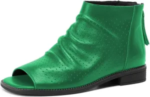 FSJ Women Peep Open Toe Boots Slouchy Low Block Heel Ankle Booties Flats Sandal Ruched Cutout Zipper Comfort Pump Shoes Size 4-15 US