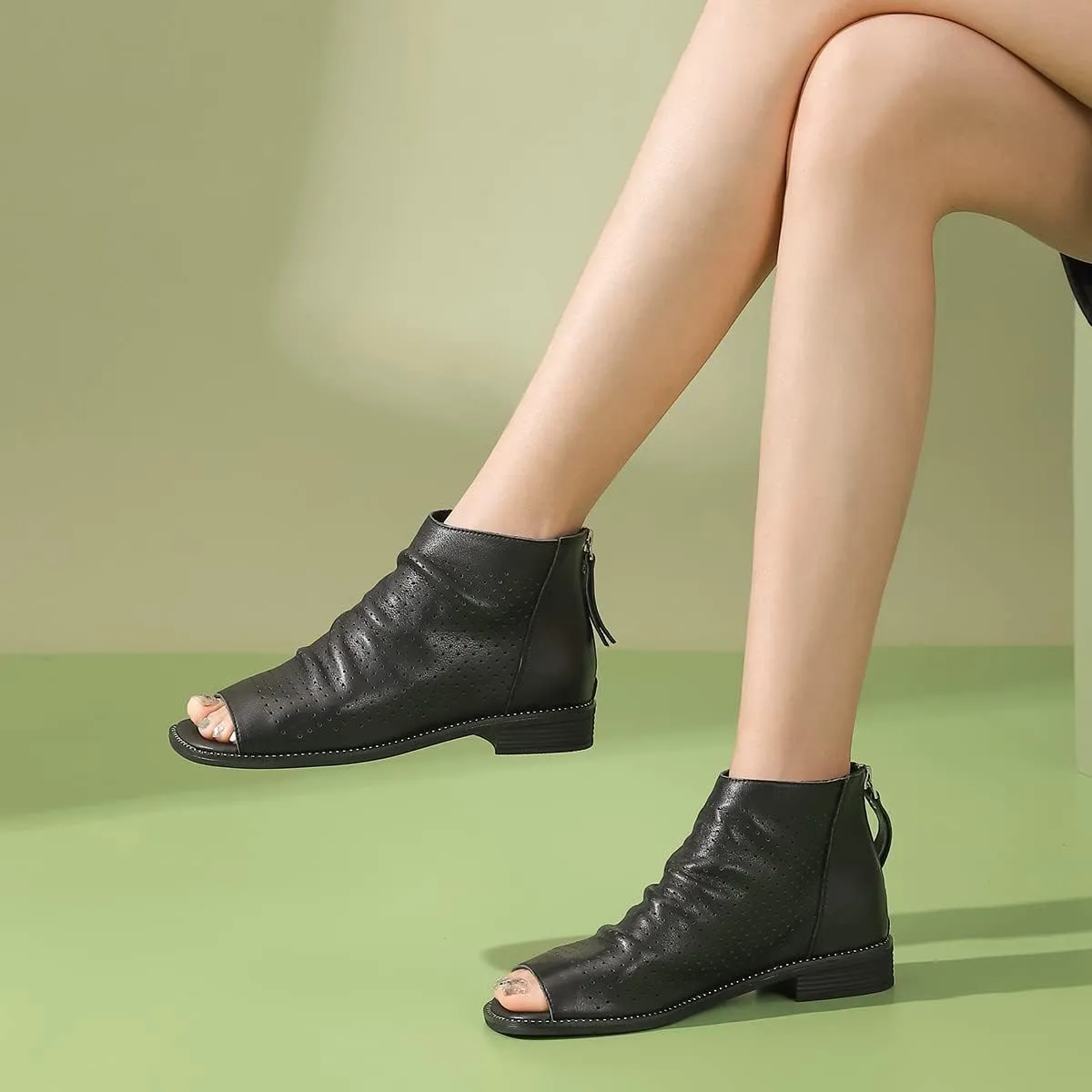 FSJ Women Peep Open Toe Boots Slouchy Low Block Heel Ankle Booties Flats Sandal Ruched Cutout Zipper Comfort Pump Shoes Size 4-15 US