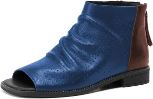 FSJ Women Peep Open Toe Boots Slouchy Low Block Heel Ankle Booties Flats Sandal Ruched Cutout Zipper Comfort Pump Shoes Size 4-15 US