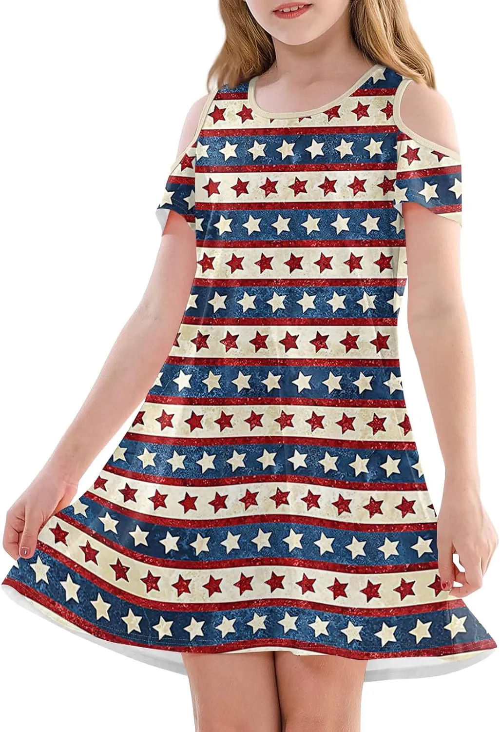 Girls 4th of July A-line Summer Dress Independence Day Print Cold Shoulder Short Sleeve Round Neck Princess Dresses