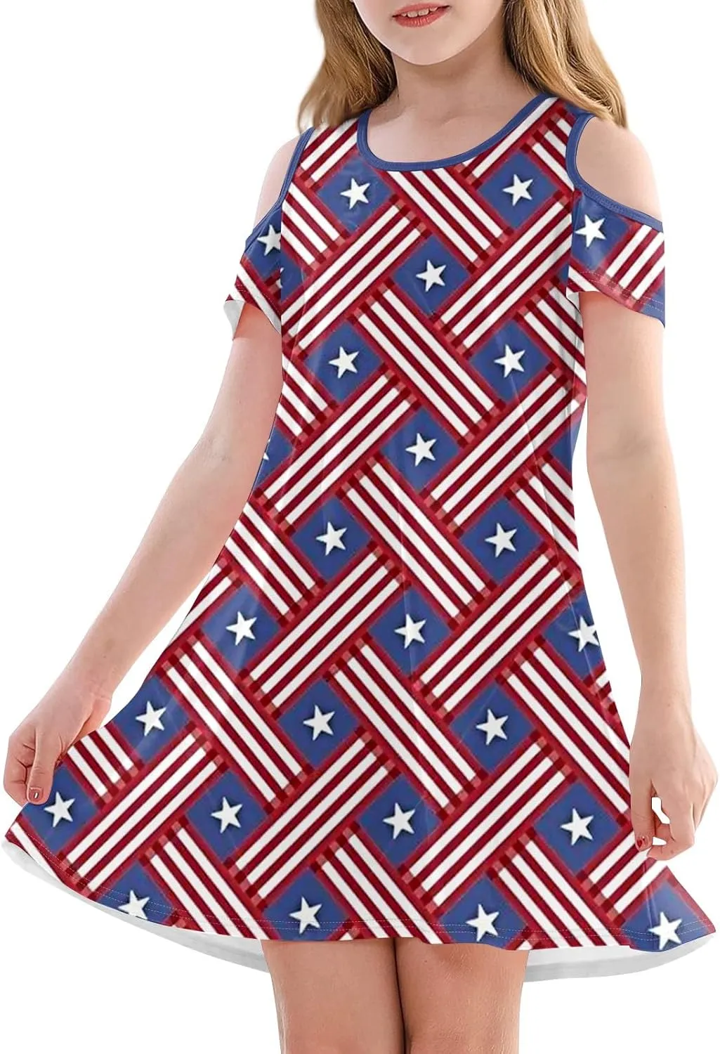 Girls 4th of July A-line Summer Dress Independence Day Print Cold Shoulder Short Sleeve Round Neck Princess Dresses
