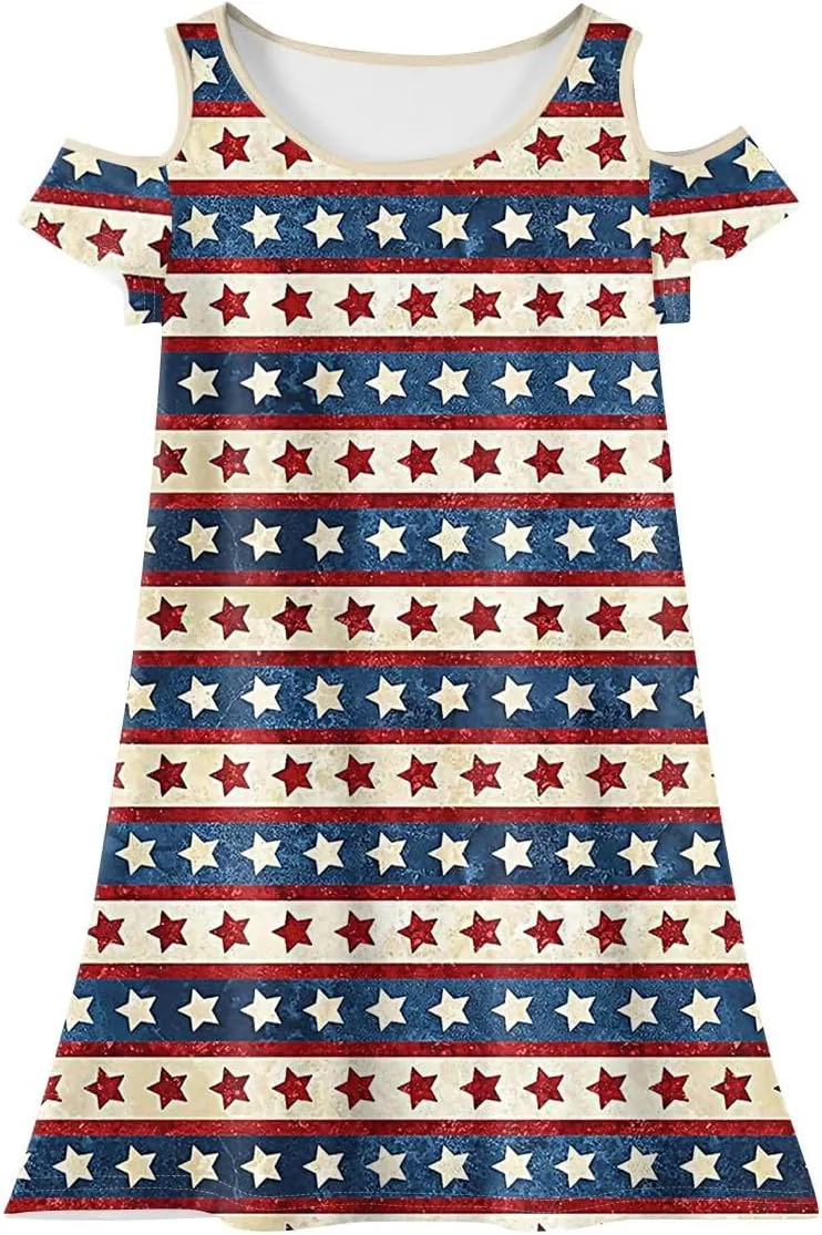 Girls 4th of July A-line Summer Dress Independence Day Print Cold Shoulder Short Sleeve Round Neck Princess Dresses