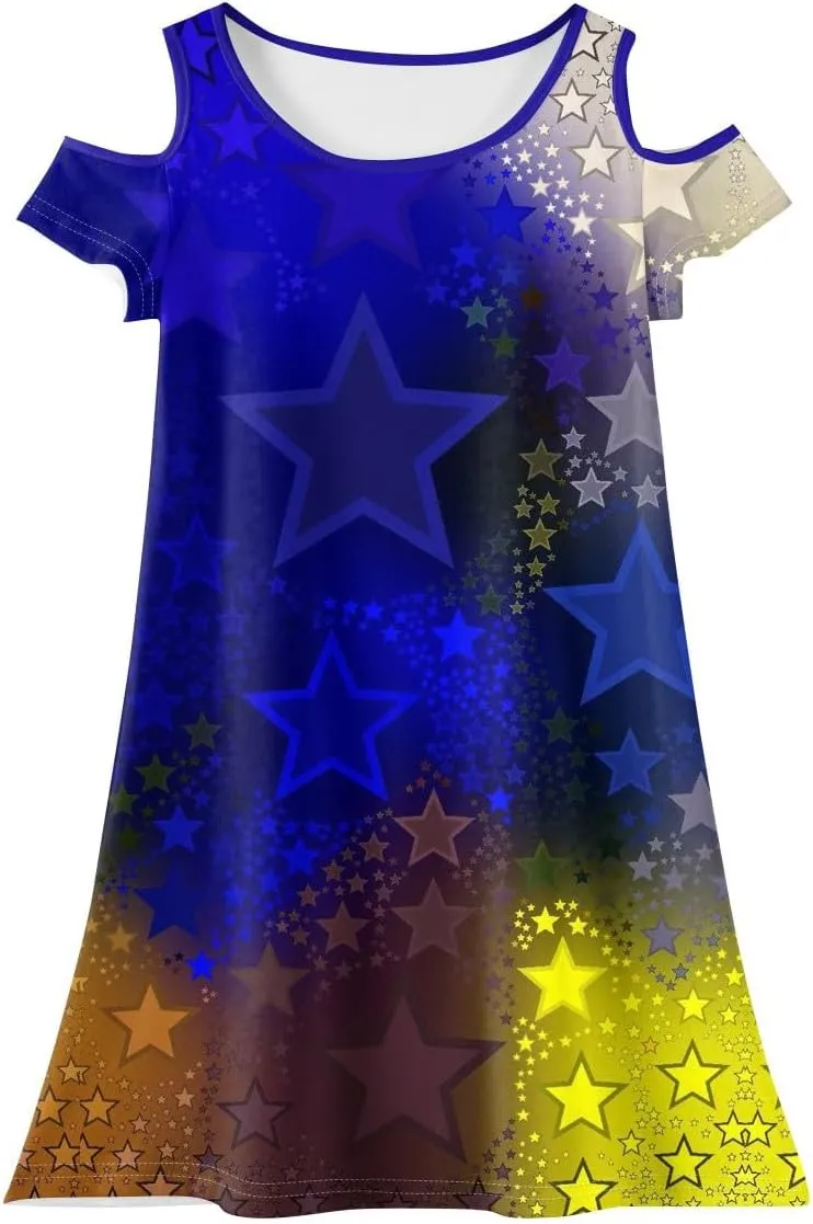 Girls 4th of July A-line Summer Dress Independence Day Print Cold Shoulder Short Sleeve Round Neck Princess Dresses