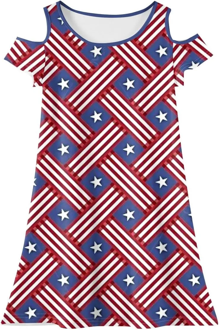 Girls 4th of July A-line Summer Dress Independence Day Print Cold Shoulder Short Sleeve Round Neck Princess Dresses