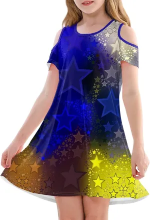 Girls 4th of July A-line Summer Dress Independence Day Print Cold Shoulder Short Sleeve Round Neck Princess Dresses