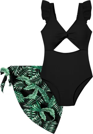 Girls One Piece Swimsuit Cut Out Ruffle Bathing Suit Twist V Neck Swimwear Solid Color with Cover Up Skirt 7-18T