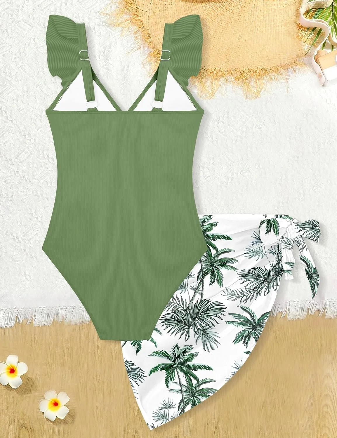 Girls One Piece Swimsuit Cut Out Ruffle Bathing Suit Twist V Neck Swimwear Solid Color with Cover Up Skirt 7-18T
