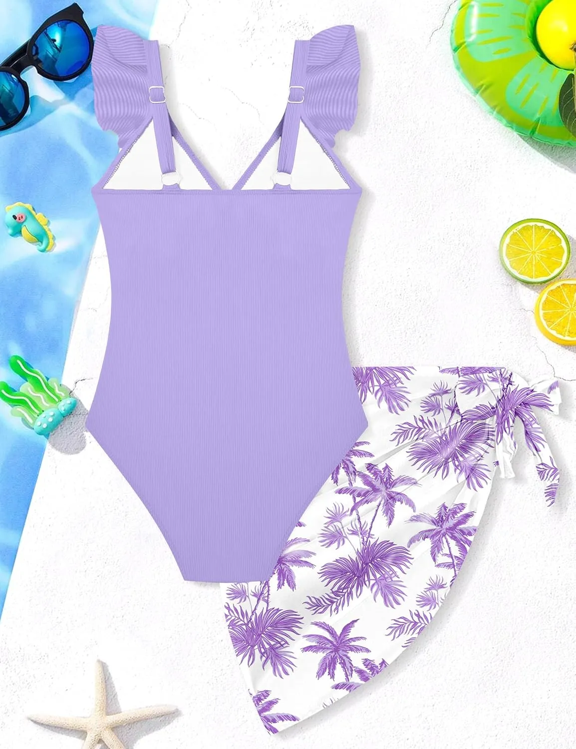 Girls One Piece Swimsuit Cut Out Ruffle Bathing Suit Twist V Neck Swimwear Solid Color with Cover Up Skirt 7-18T