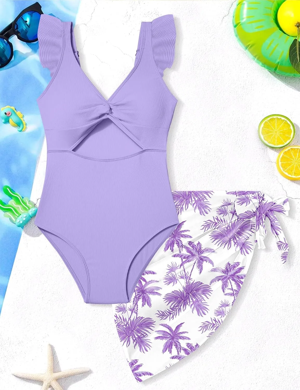 Girls One Piece Swimsuit Cut Out Ruffle Bathing Suit Twist V Neck Swimwear Solid Color with Cover Up Skirt 7-18T